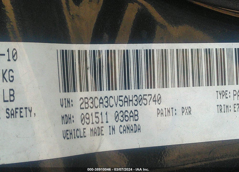 2010 DODGE CHARGER SXT VIN: 2B3CA3CV5AH305740