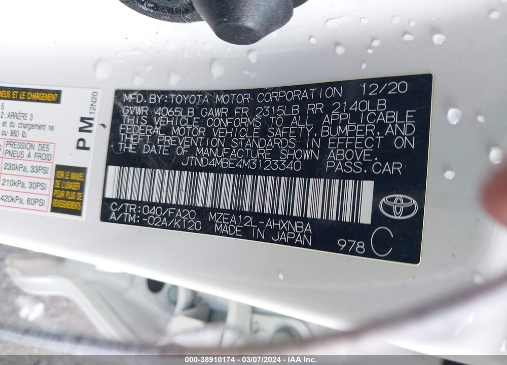 2021 TOYOTA COROLLA SE NIGHTSHADE EDITION VIN: JTND4MBE4M3123340