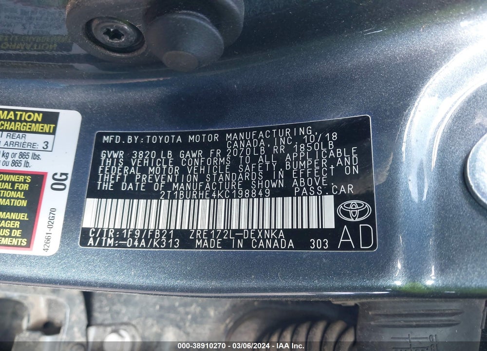 2019 TOYOTA COROLLA LE VIN: 2T1BURHE4KC198849