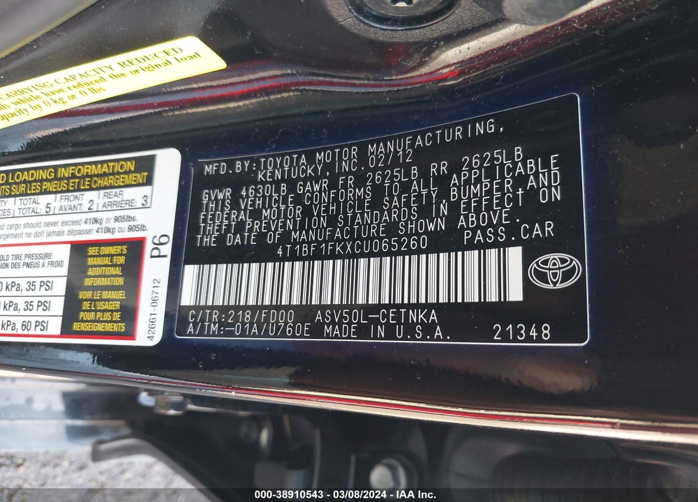 2012 TOYOTA CAMRY VIN: 4T1BF1FKXCU065260