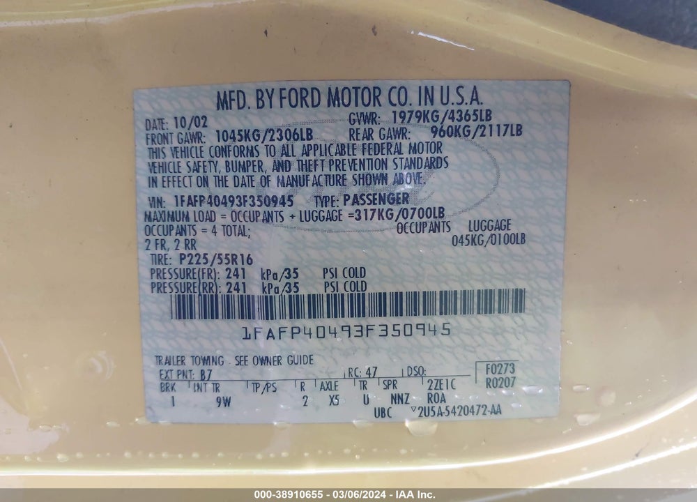 2003 FORD MUSTANG VIN: 1FAFP40493F350945