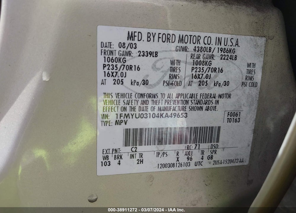 2004 FORD ESCAPE XLT VIN: 1FMYU03104KA49653
