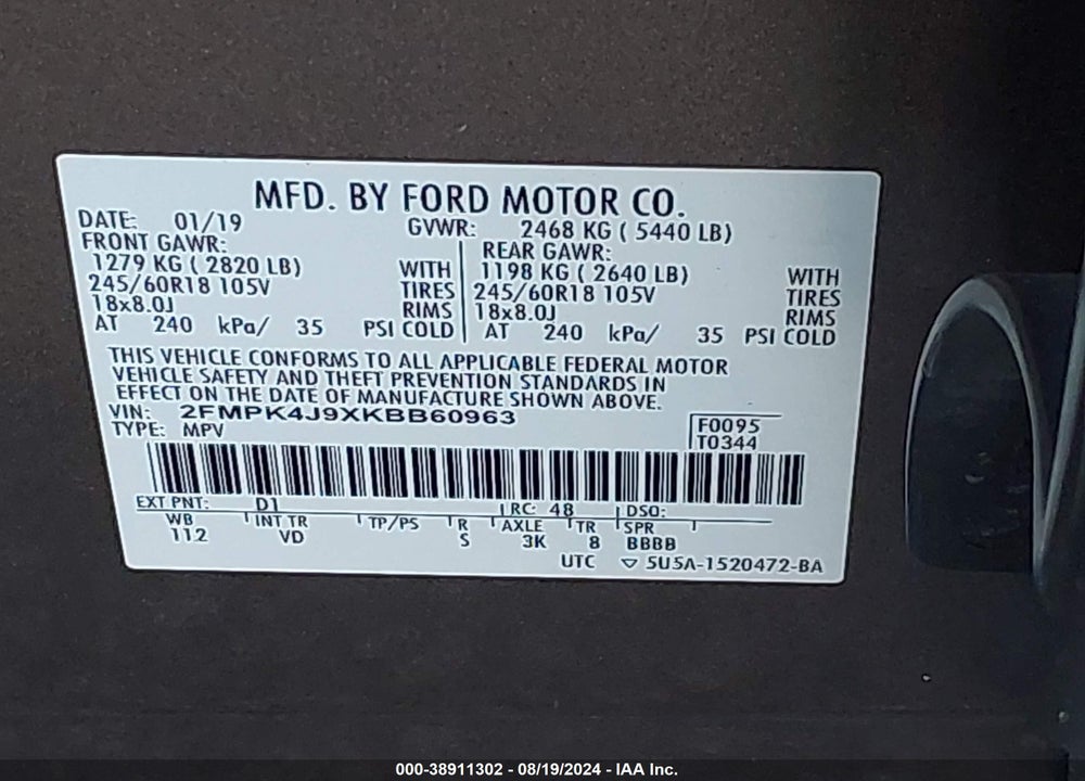 2019 FORD EDGE SEL VIN: 2FMPK4J9XKBB60963