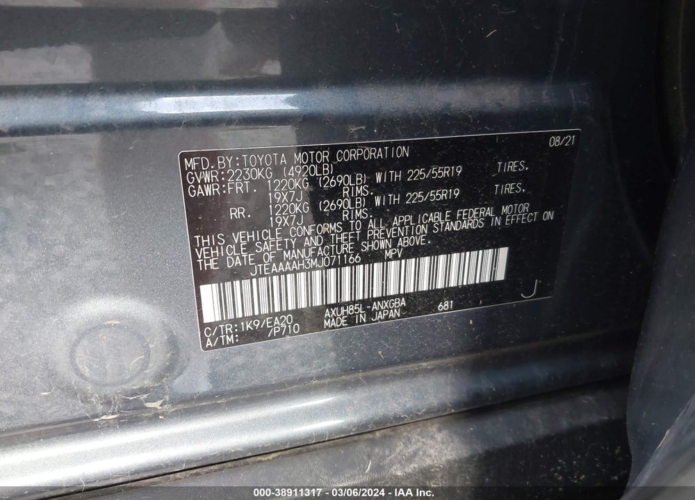 2021 TOYOTA VENZA VIN: JTEAAAAH3MJ071166