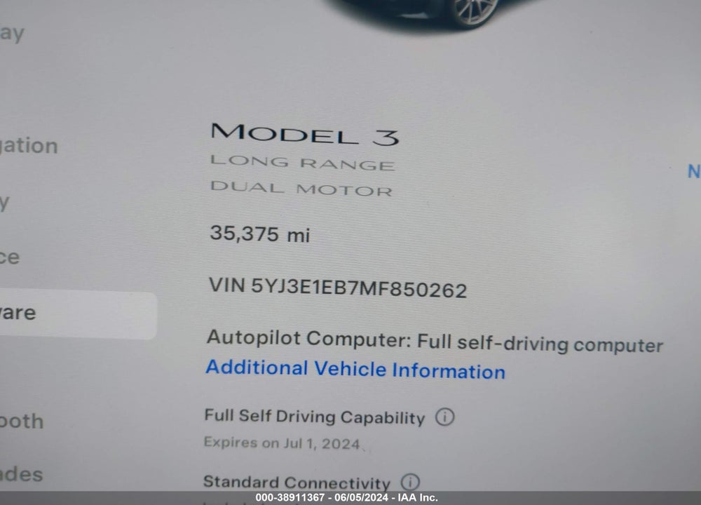 2021 TESLA MODEL 3 LONG RANGE DUAL MOTOR ALL-WHEEL DRIVE VIN: 5YJ3E1EB7MF850262