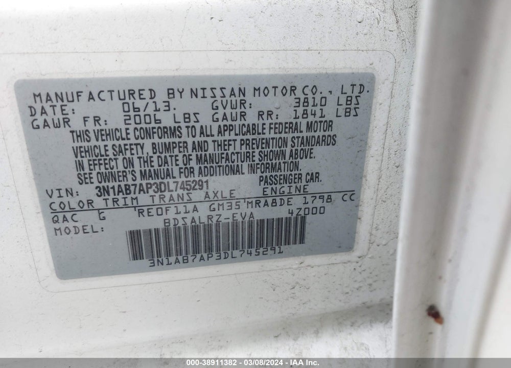 2013 NISSAN SENTRA SR VIN: 3N1AB7AP3DL745291