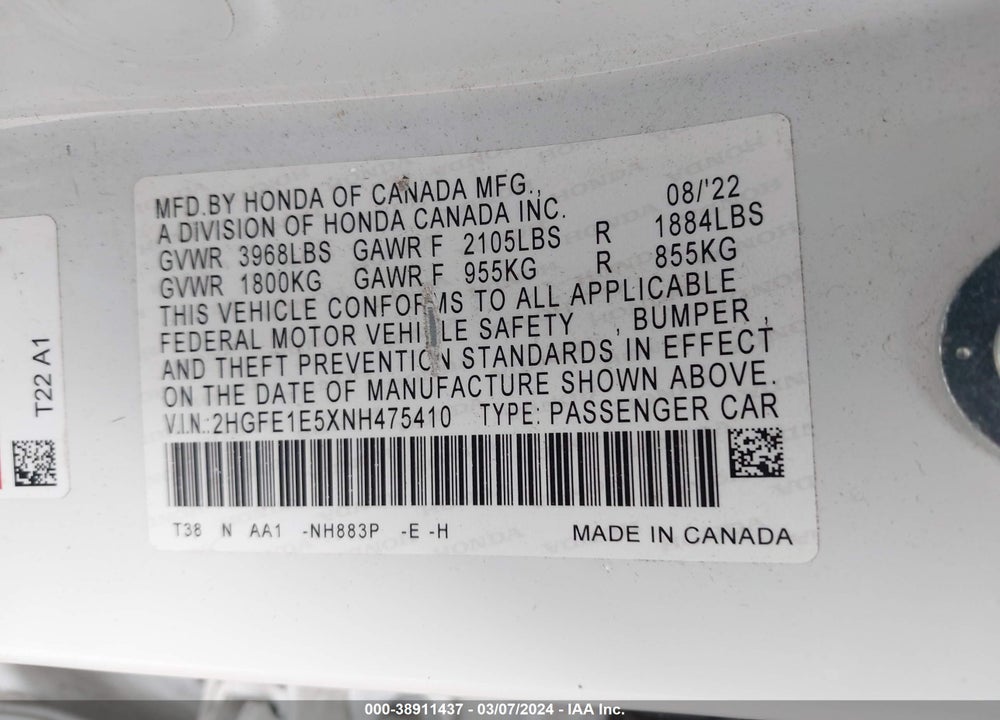 2022 HONDA CIVIC SI SEDAN VIN: 2HGFE1E5XNH475410