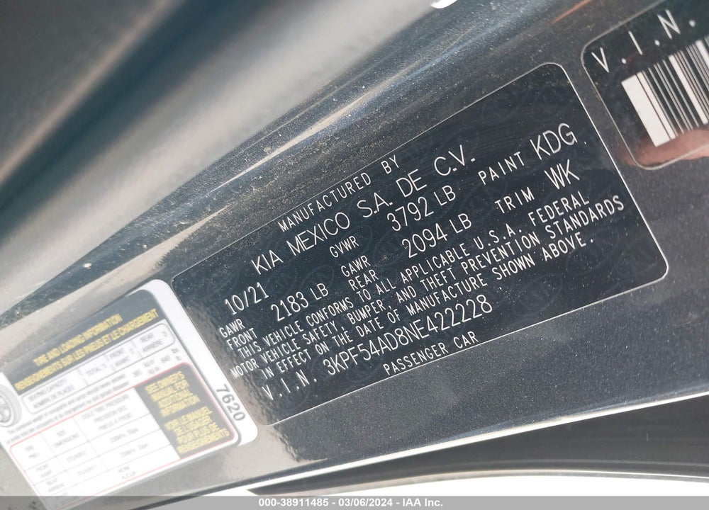 2022 KIA FORTE GT LINE VIN: 3KPF54AD8NE422228