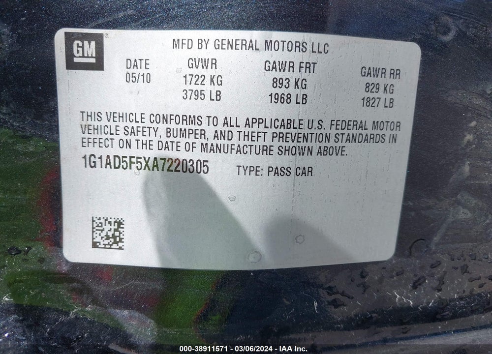 2010 CHEVROLET COBALT LT VIN: 1G1AD5F5XA7220305