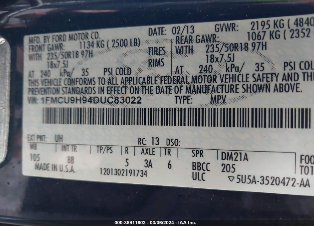 2013 FORD ESCAPE SEL VIN: 1FMCU9H94DUC83022