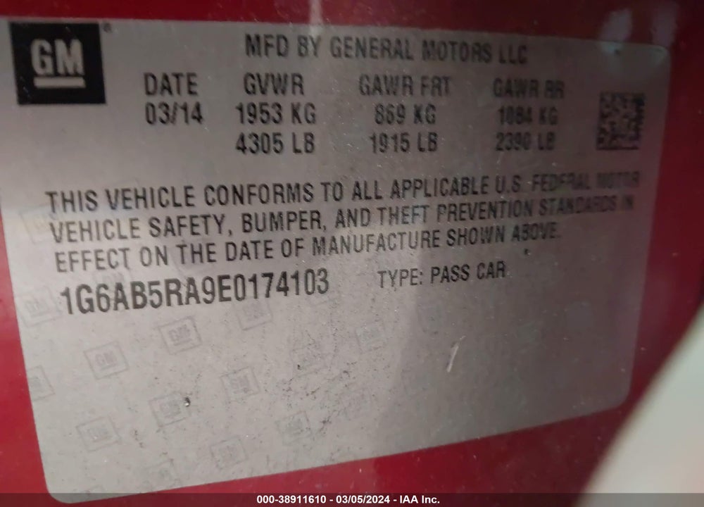 2014 CADILLAC ATS LUXURY VIN: 1G6AB5RA9E0174103