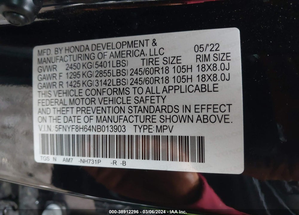 2022 HONDA PASSPORT AWD TRAILSPORT VIN: 5FNYF8H64NB013903