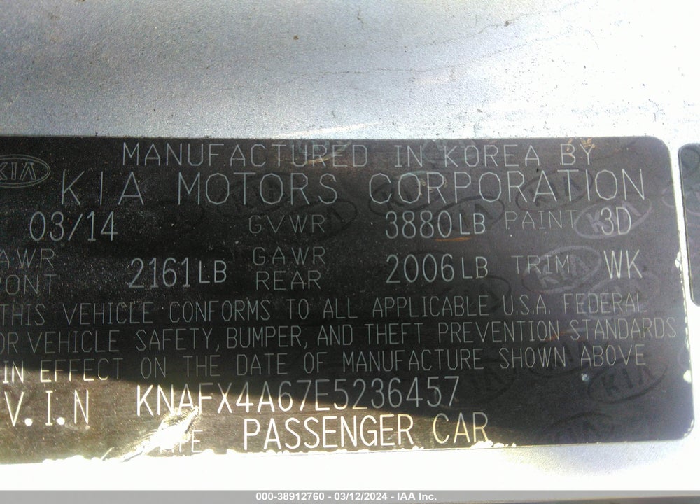 2014 KIA FORTE LX VIN: KNAFX4A67E5236457