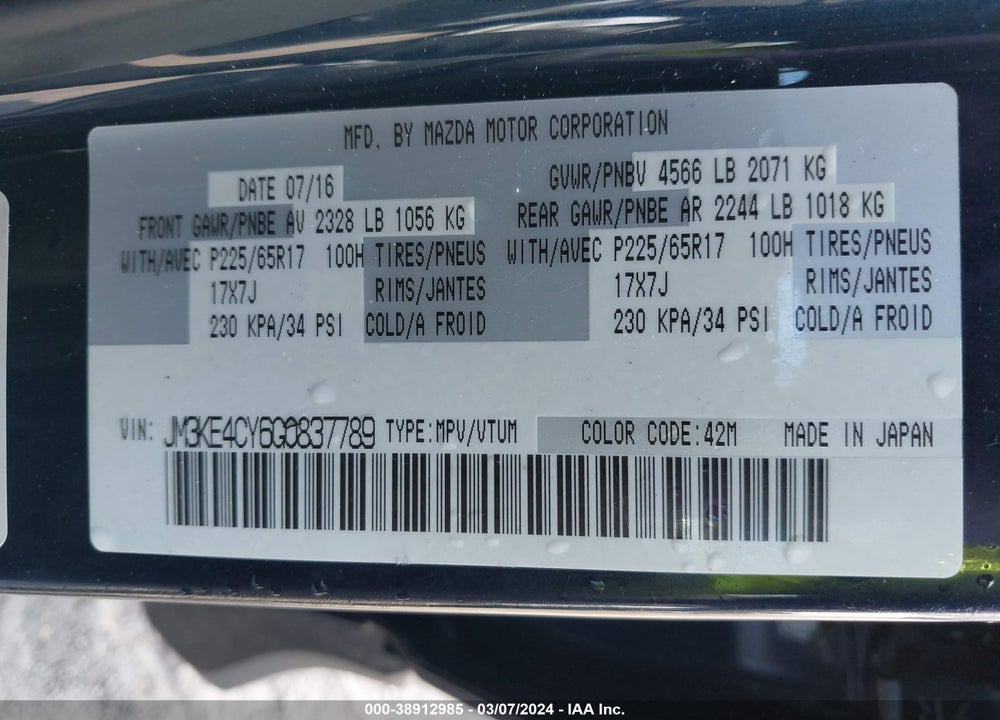 2016 MAZDA CX-5 TOURING VIN: JM3KE4CY6G0837789