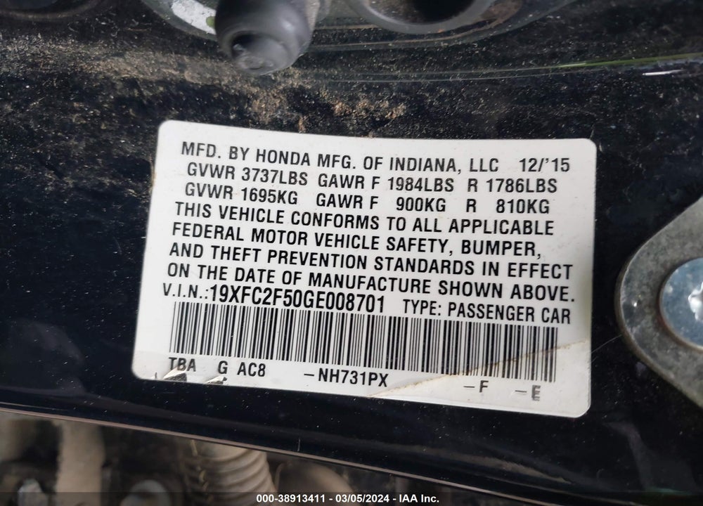 2016 HONDA CIVIC LX VIN: 19XFC2F50GE008701