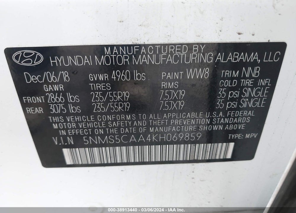 2019 HYUNDAI SANTA FE LIMITED 2.0T VIN: 5NMS5CAA4KH069859