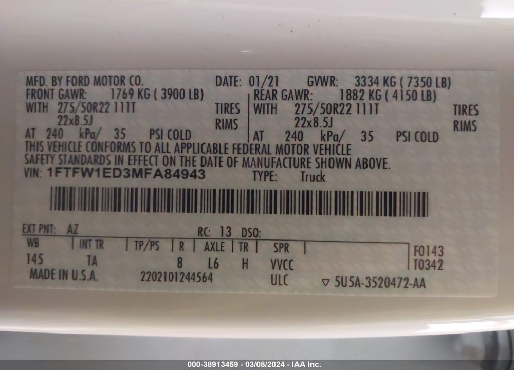 2021 FORD F-150 LIMITED VIN: 1FTFW1ED3MFA84943