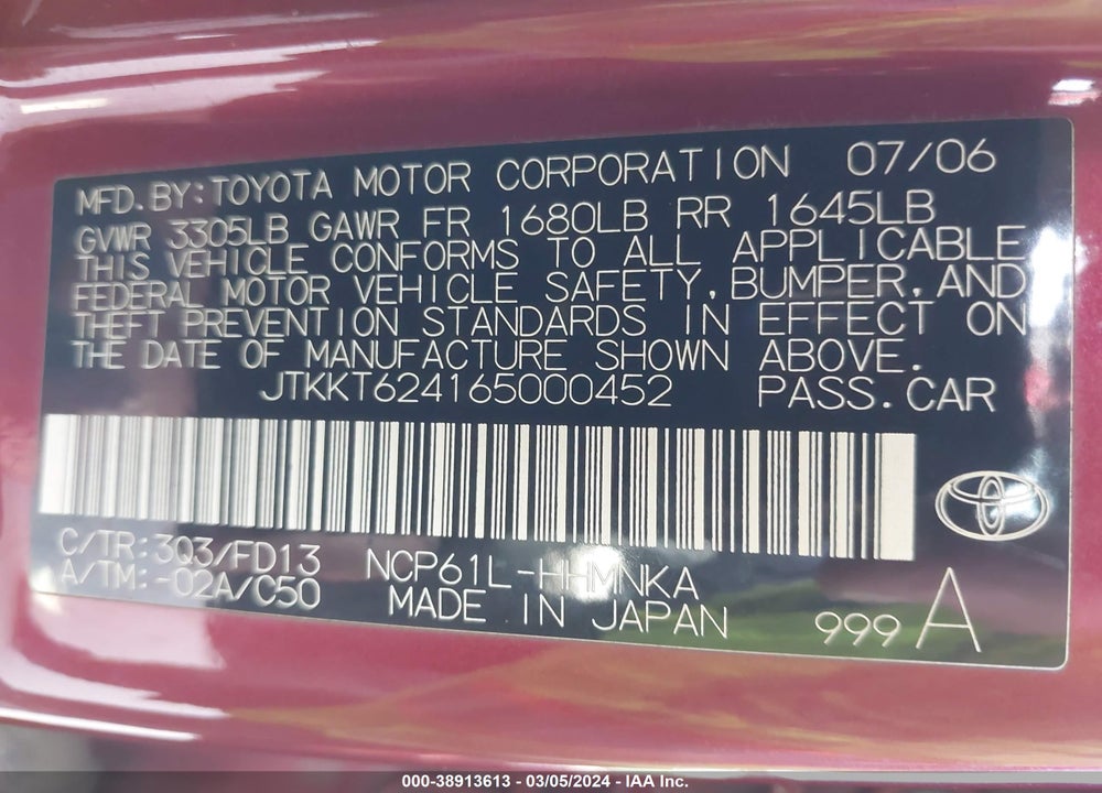 2006 SCION XA VIN: JTKKT624165000452
