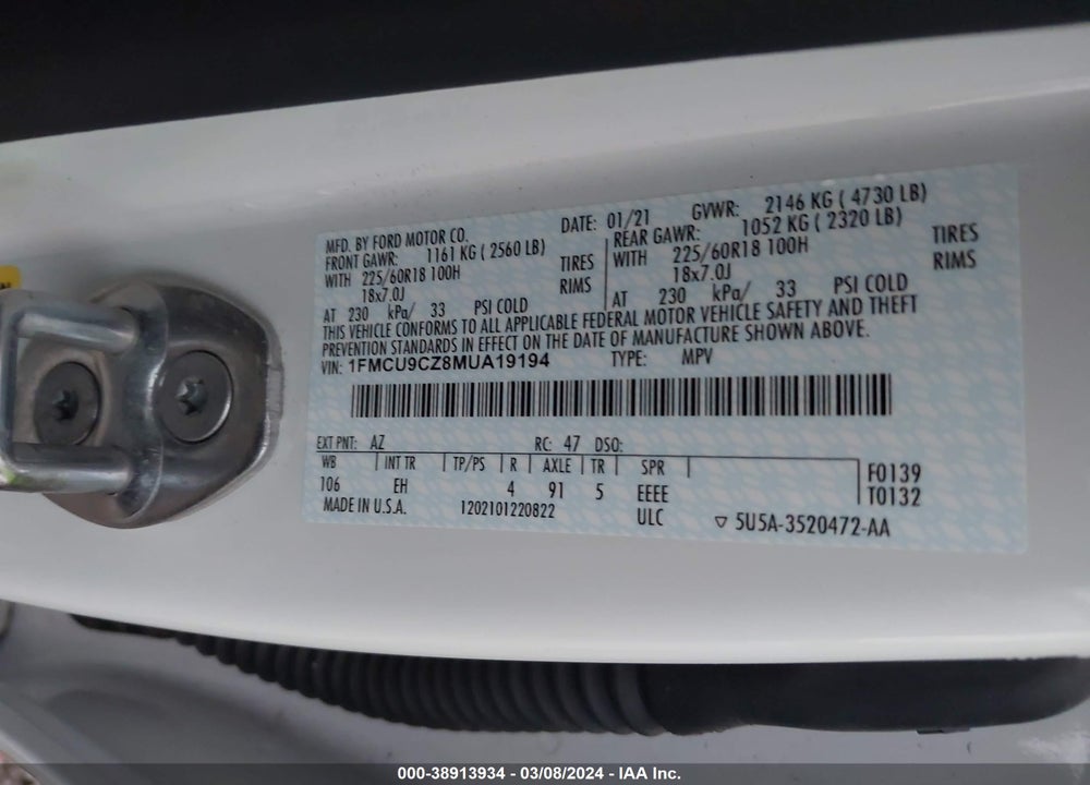 2021 FORD ESCAPE SEL HYBRID VIN: 1FMCU9CZ8MUA19194