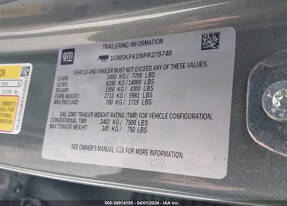 2023 CHEVROLET SUBURBAN 4WD PREMIER VIN: 1GNSKFKD9PR278740