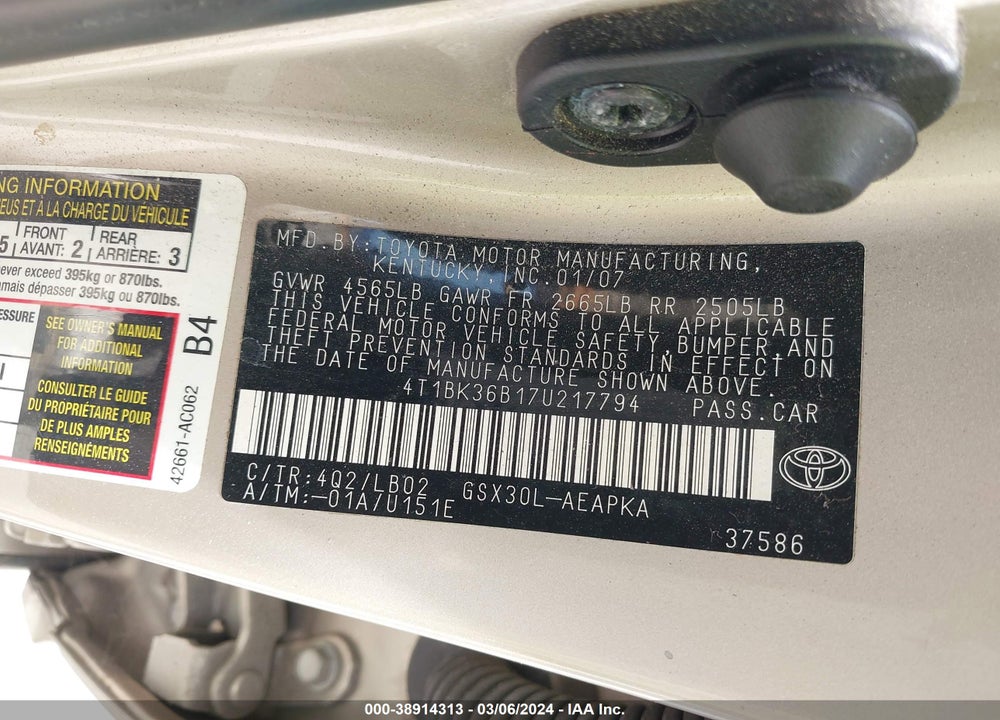 2007 TOYOTA AVALON LIMITED VIN: 4T1BK36B17U217794