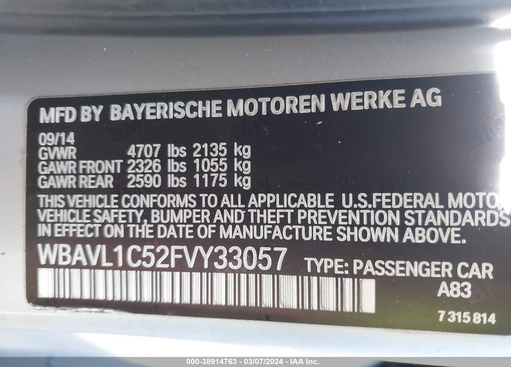 2015 BMW X1 XDRIVE28I VIN: WBAVL1C52FVY33057