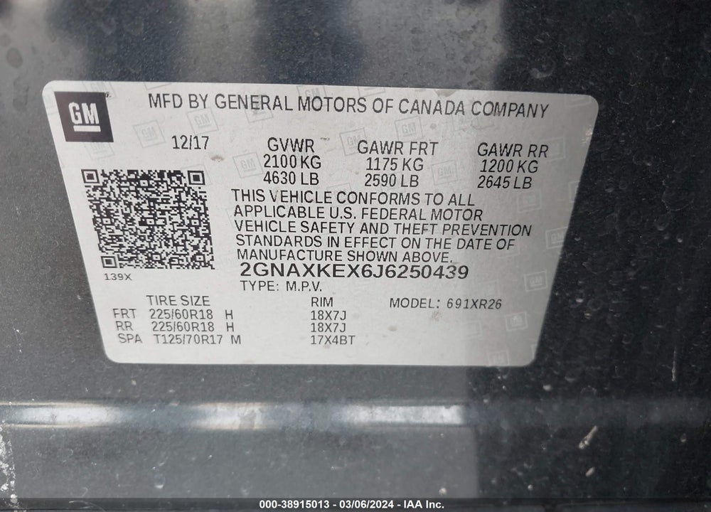 2018 CHEVROLET EQUINOX LT VIN: 2GNAXKEX6J6250439