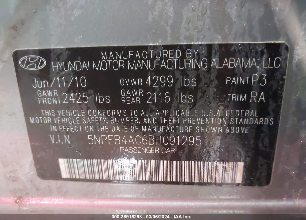 2011 HYUNDAI SONATA GLS VIN: 5NPEB4AC6BH091295