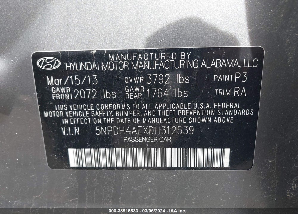 2013 HYUNDAI ELANTRA GLS VIN: 5NPDH4AEXDH312539