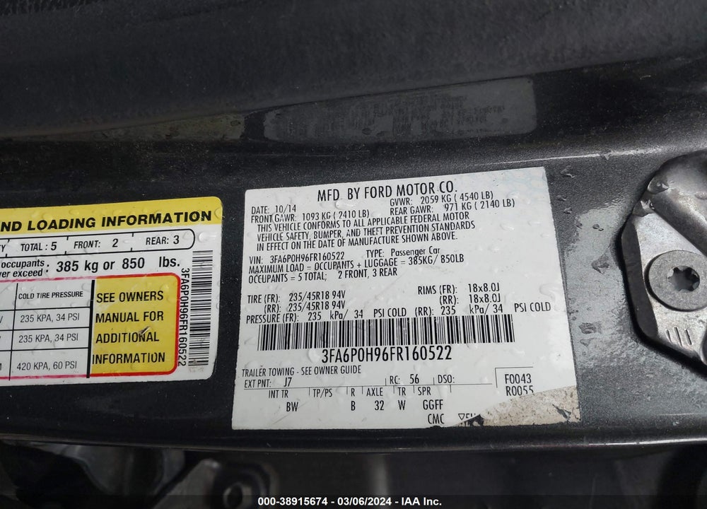 2015 FORD FUSION SE VIN: 3FA6P0H96FR160522