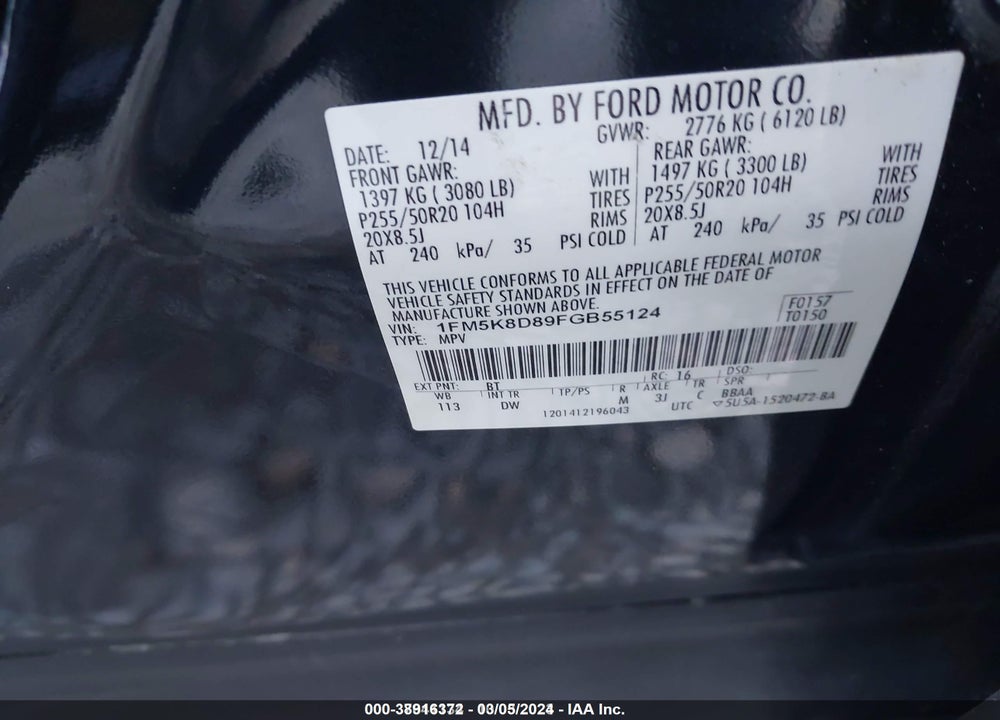 2015 FORD EXPLORER XLT VIN: 1FM5K8D89FGB55124