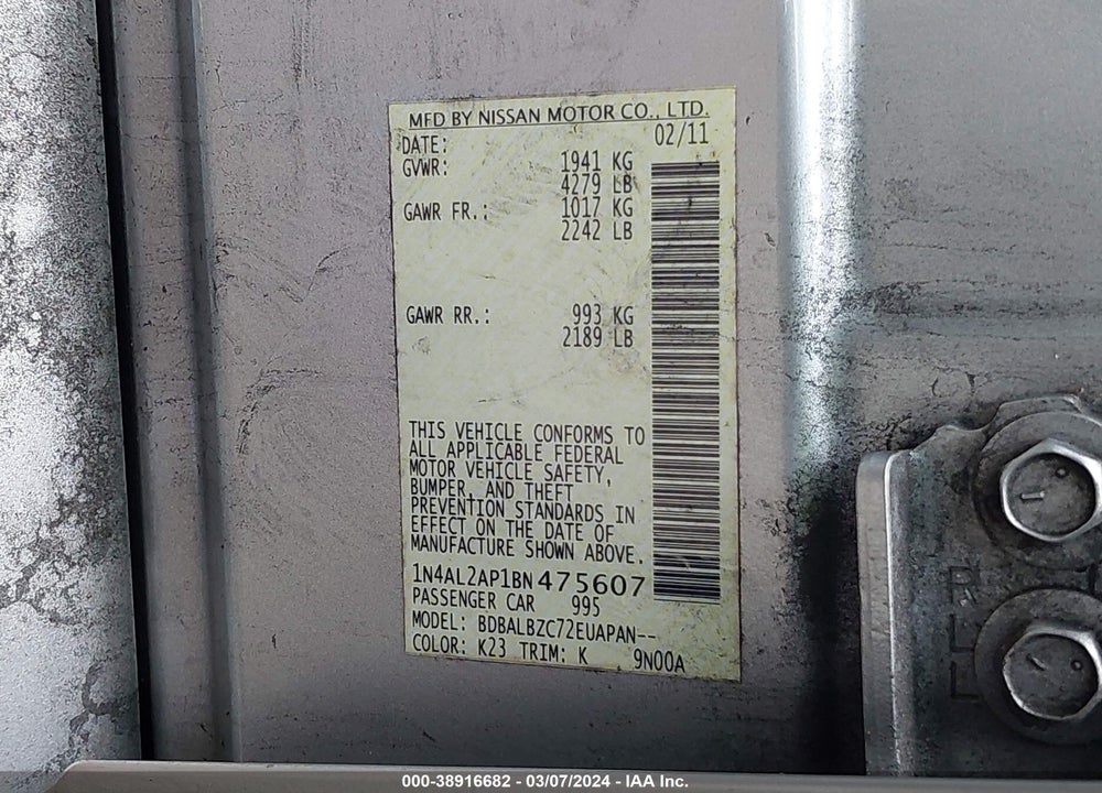 2011 NISSAN ALTIMA 2.5 S VIN: 1N4AL2AP1BN475607