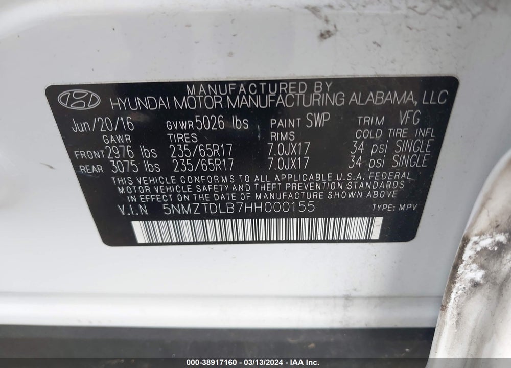 2017 HYUNDAI SANTA FE SPORT 2.4L VIN: 5NMZTDLB7H8000155