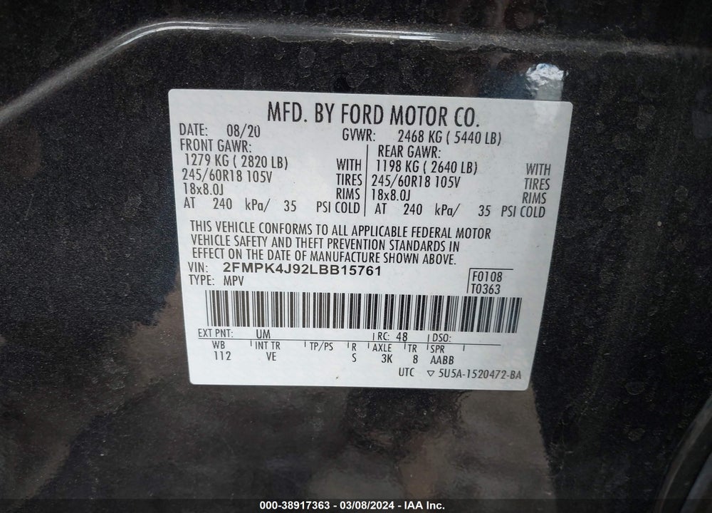 2020 FORD EDGE SEL VIN: 2FMPK4J92LBB15761