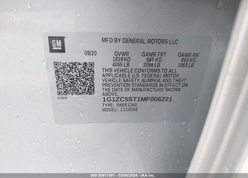 2021 CHEVROLET MALIBU FWD 1FL VIN: 1G1ZC5ST1MF008221