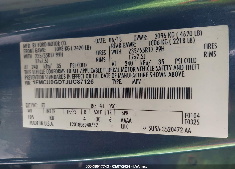 2018 FORD ESCAPE SE VIN: 1FMCU0GD7JUC87126