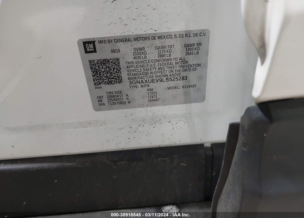 2020 CHEVROLET EQUINOX AWD LT 1.5L TURBO VIN: 3GNAXUEV9LS525283