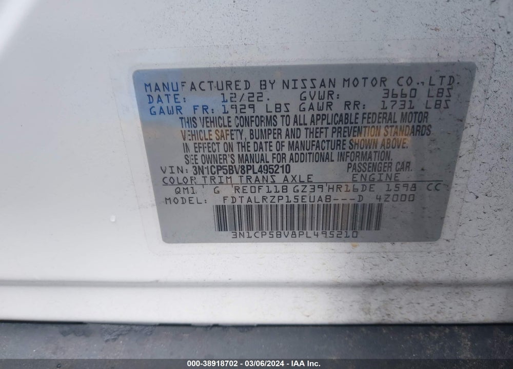 2023 NISSAN KICKS S XTRONIC CVT VIN: 3N1CP5BV8PL495210