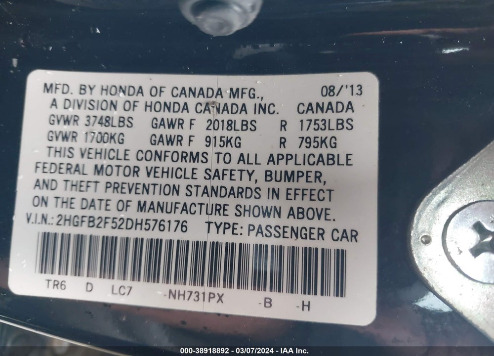 2013 HONDA CIVIC LX VIN: 2HGFB2F52DH576176