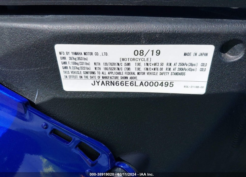 2020 YAMAHA YZFR1 VIN: JYARN66E6LA000495