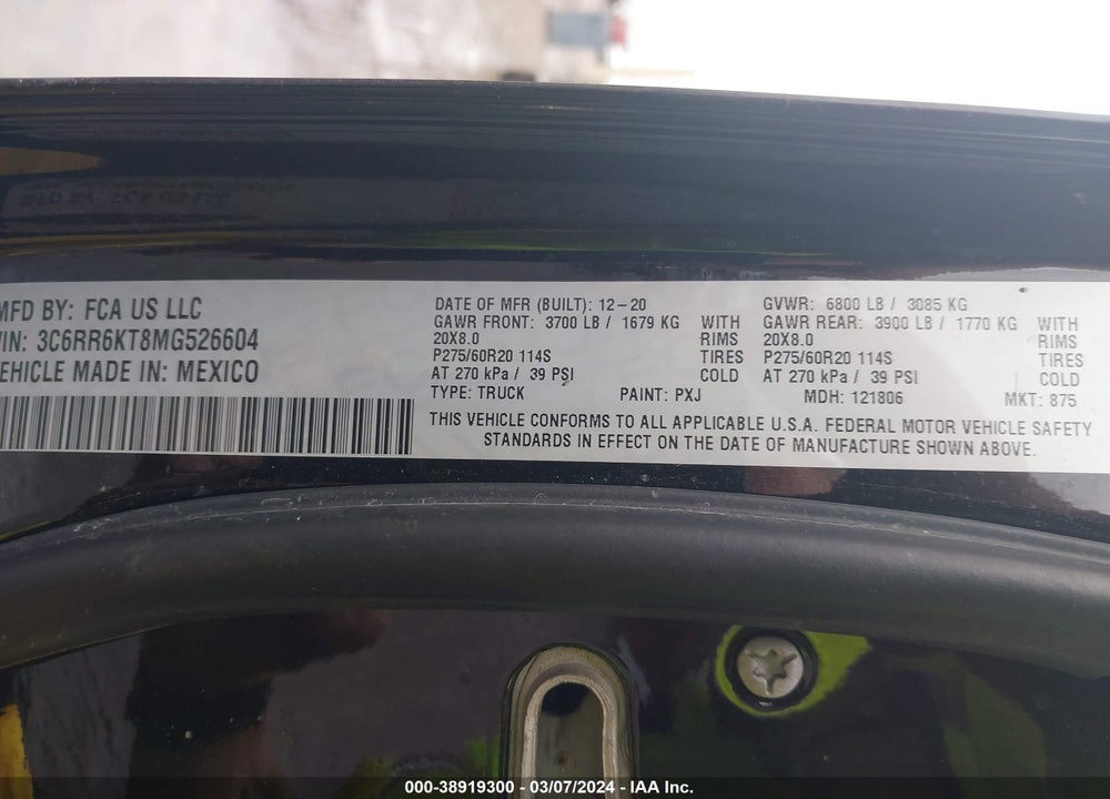 2021 RAM 1500 CLASSIC TRADESMAN 4X2 5'7 BOX VIN: 3C6RR6KT8MG526604