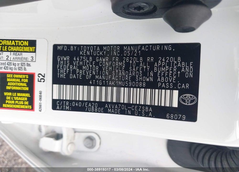 2021 TOYOTA CAMRY SE VIN: 4T1G11AK1MU590088