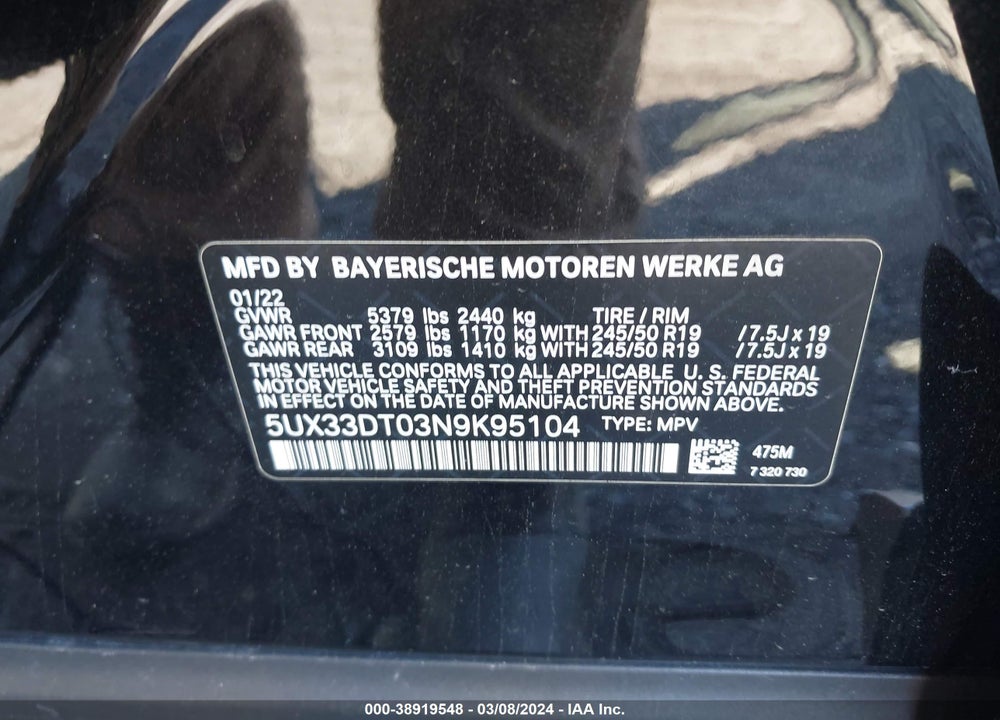 2022 BMW X4 XDRIVE30I VIN: 5UX33DT03N9K95104