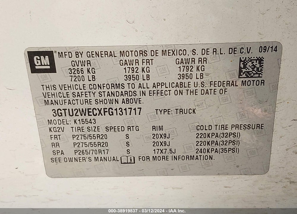 2015 GMC SIERRA 1500 DENALI VIN: 3GTU2WECXFG131717