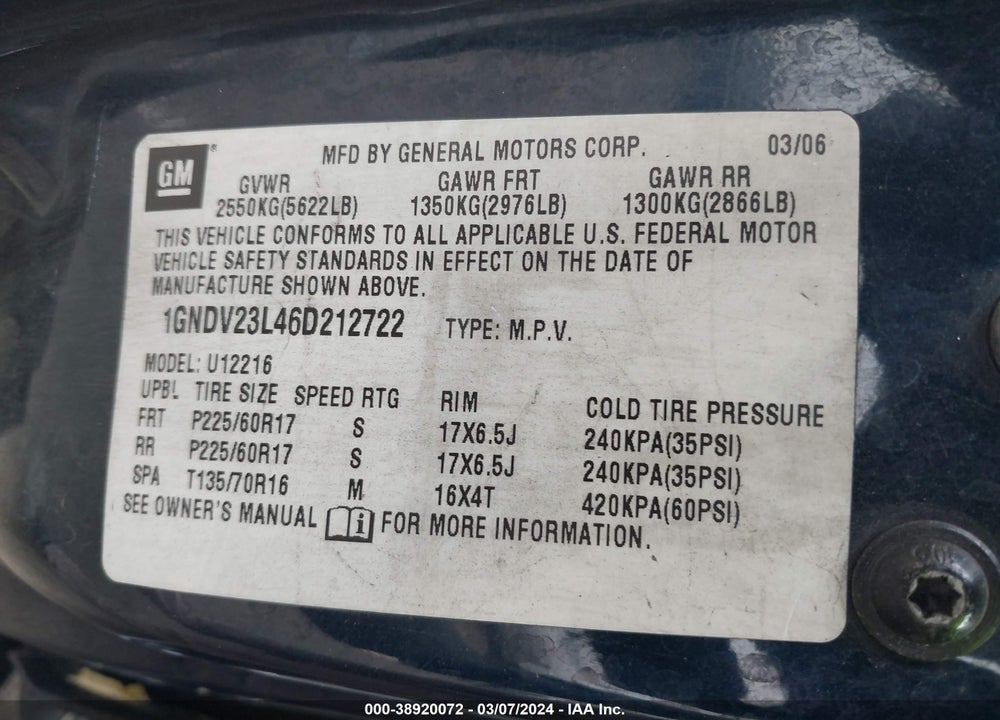 2006 CHEVROLET UPLANDER LS VIN: 1GNDV23L46D212722