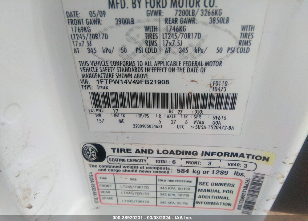 2009 FORD F-150 FX4/KING RANCH/LARIAT/PLATINUM/XL/XLT VIN: 1FTPW14V49FB21908