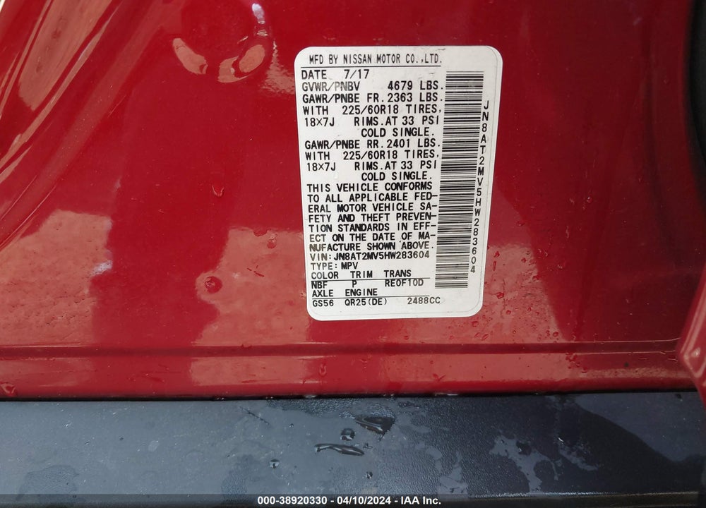 2017 NISSAN ROGUE SL VIN: JN8AT2MV5HW283604