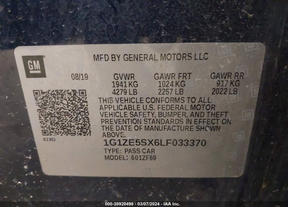 2020 CHEVROLET MALIBU FWD PREMIER VIN: 1G1ZE5SX6LF033370
