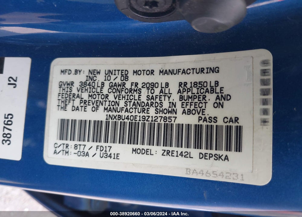 2009 TOYOTA COROLLA S VIN: 1NXBU40E19Z127857