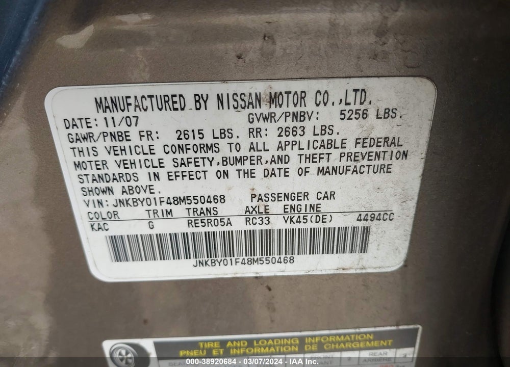 2008 INFINITI M45X VIN: JNKBY01F48M550468